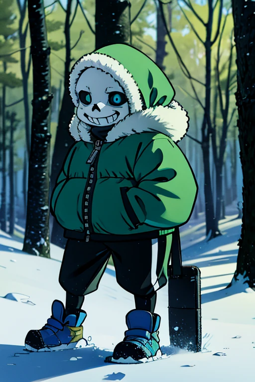 sans de undertale con una chaqueta verde en un bosque nevado