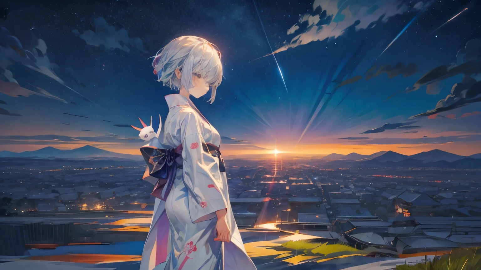 A 17-year-old Japanese girl standing and gazing at the night sky、Slender、wearing a black yukata。White medium short hair。The yukata has a white rabbit design。Highest quality。Pose in the back。