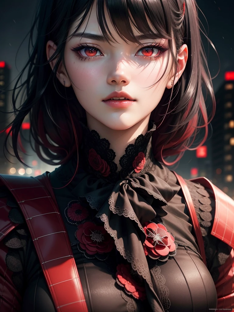 touka kirishima,beautiful detailed eyes,beautiful detailed lips,extremely detailed eyes and face,red and black hair,tokyo ghoul,anime style,dark and mysterious atmosphere, intense gaze[tokyo ghoul],outdoor setting,cityscape background,nighttime scene,vivid colors,sharp focus,highres,physically-based rendering