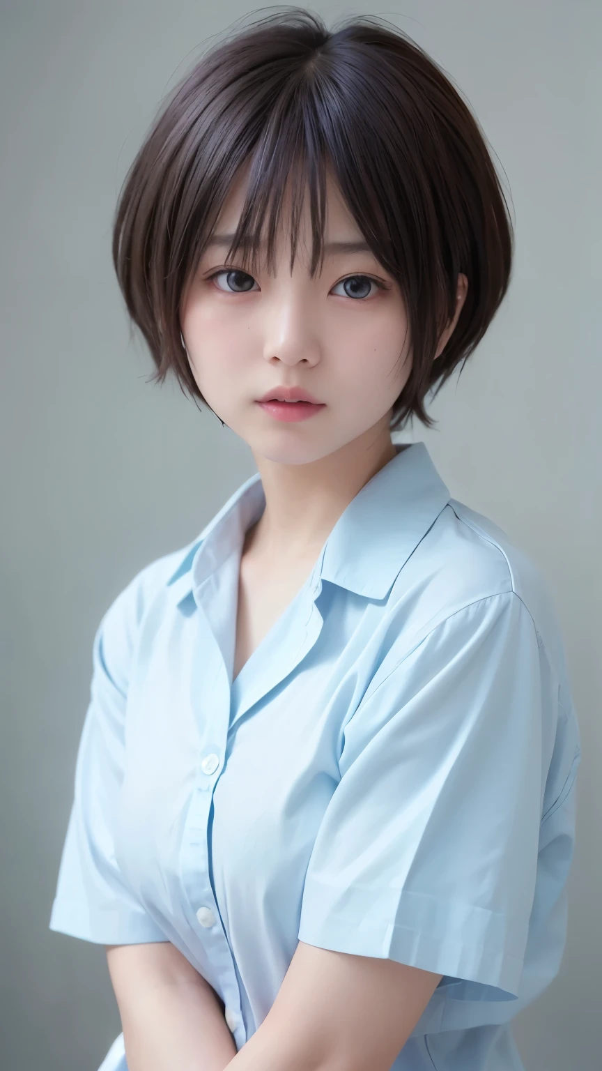 1 Very Cute Girl、12 years old、short hair、White Hair、Blue background、Upper body、(head shot:1.5)、Eyes focus、Collared shirt、Laughter、、(8k、Raw photo、highest quality、masterpiece:1.2)、(Realistic、Photorealistic:1.3)、Hmph、Deep depth of field、Wide Light、High Contrast、(Shine:1.4)、chromatic aberration、Sharp focus、RAW color photoovie stills、Cinematic lighting、8k resolution、