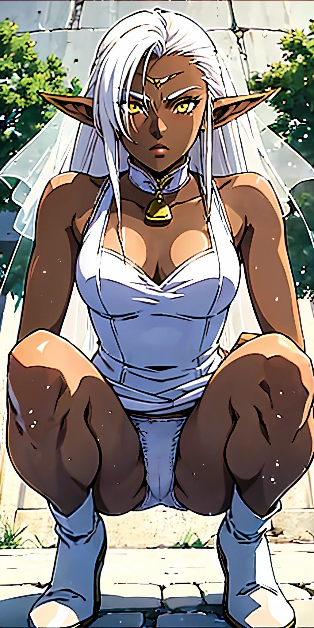  1girl solo looking to the viewer, view from below, far shot, cow boy shot, squatting, wedding band, wedding dress, white footwear, white hair, white panties, yellow eyes (Pirotess (Record of Lodoss War) LORA) (dark elf dark skin)