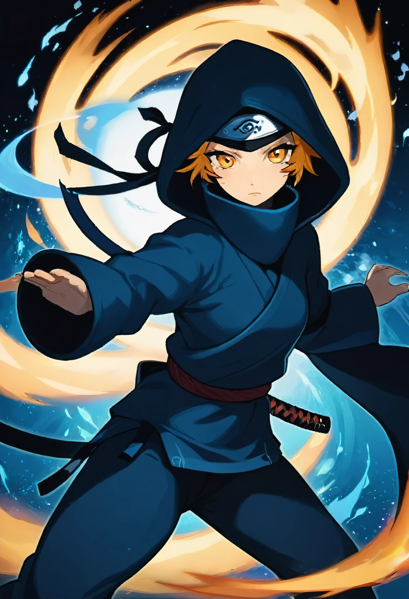 parte superior del cuerpo, 1 chica, pelo negro y corto, ojos grises, (ninjas), kunai, respiraciones medianas , capa color beige, hd, magic circle background, light particles, fuego azul, protector ninja de Konoha 