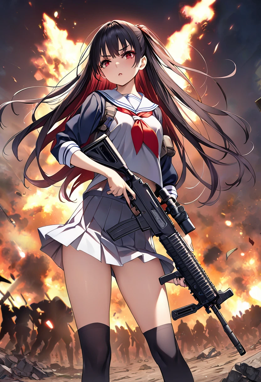 masterpiece、highest quality、Ultra-high resolution、Maximum resolution、Very detailed、Professional Lighting、anime、woman、thin、so beautiful、high school girl、Sailor suit、Has an assault rifle、Red Eye、Black Hair、long hair、Fingerless gloves、Equipped with a chest rig、Standing alone on the battlefield