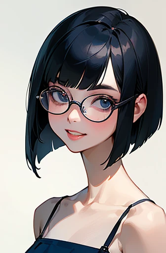 (masterpiece), (8k, best quality, high resolution), (ultra-detailed, realistic), (anatomically correct),  

((Portrait)), (Standing), (No background),
(1woman),  (looking at viewer), 
(A Japanese woman, 30 years old and 155cm tall.), 

(black hair), (straight hair), (short hair style), (bob cut), (hair behind ears), 
((she wears glasses with black cell-frame frames)), 
(light blue camisole), 
(navy blue flared mini skirt), 

(Create a detailed image of the eye), 
(Her impression is pure, clean and kind.), 
((A captivating smile, just showing a few teeth.)), 　 

