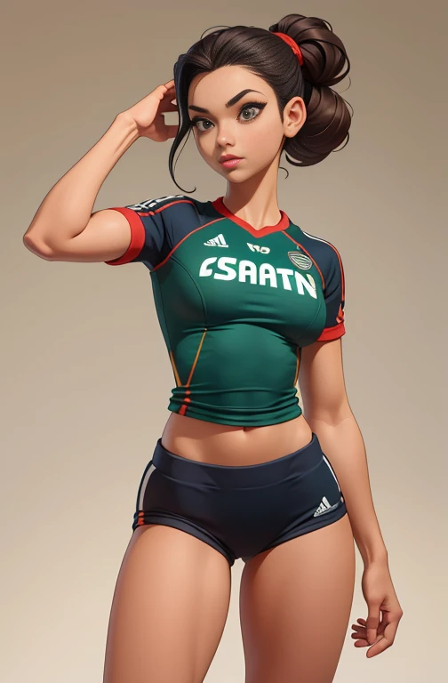 garota,, pequeno, Shy, bunda grande, volleyball shorts, camisa de jogo futebol americano , dynamic pose, Quente, soft or colored lips, fundo simples, perfect hands, anatomia perfeita, Inclina 