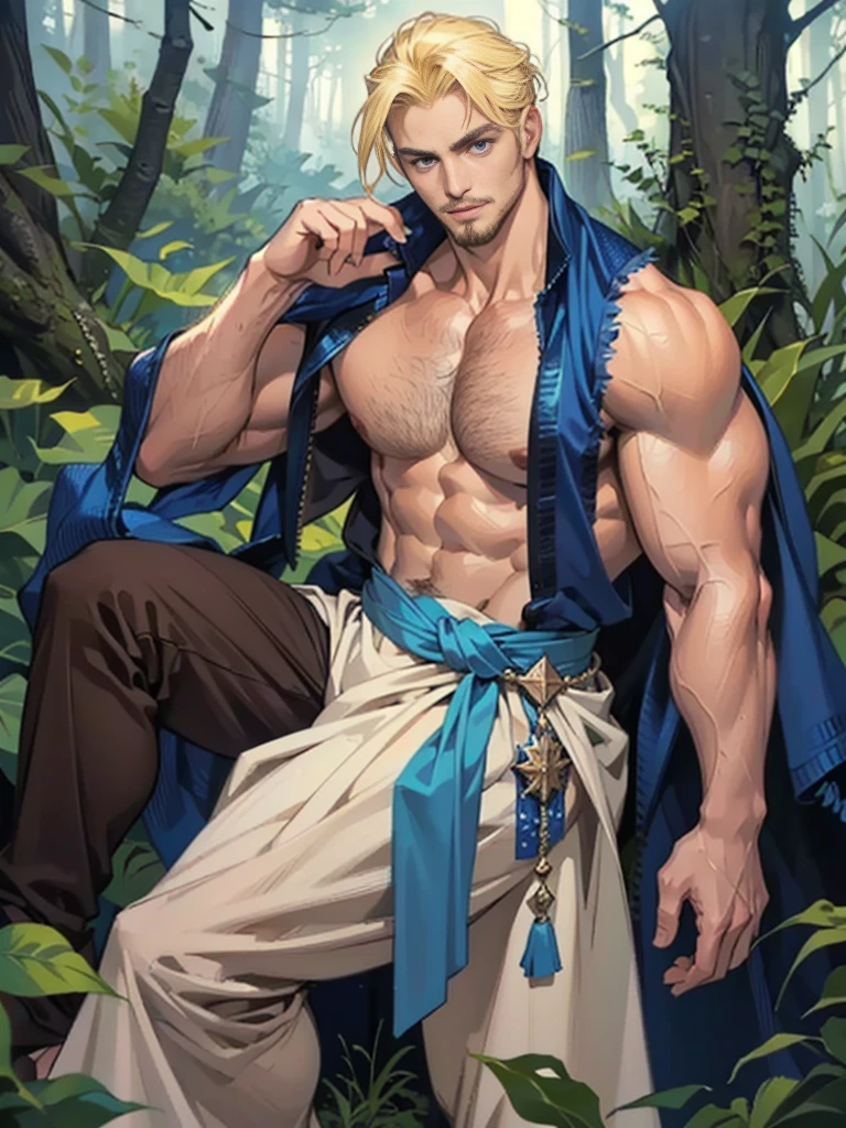 (best quality), masterpiece, ultra-detailed, guy,goatee facial hair, muscular physique,full body portrait,blonde hair,intense blue eyes,stream,forest,hairly chest,loincloth