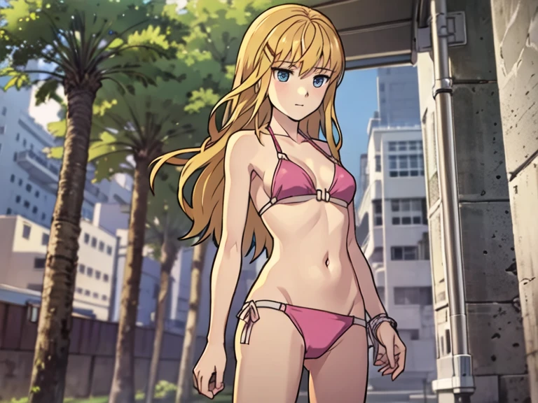 lucy from chrono ark, 1girl, solo, small breast, soft smile, looking at viewer, blurry background, outdoors, half body, slim, ((masterpiece)), best quality, high detailed illustration, high detailed background, hi-res, standing, upper body, (bikini), showing her back