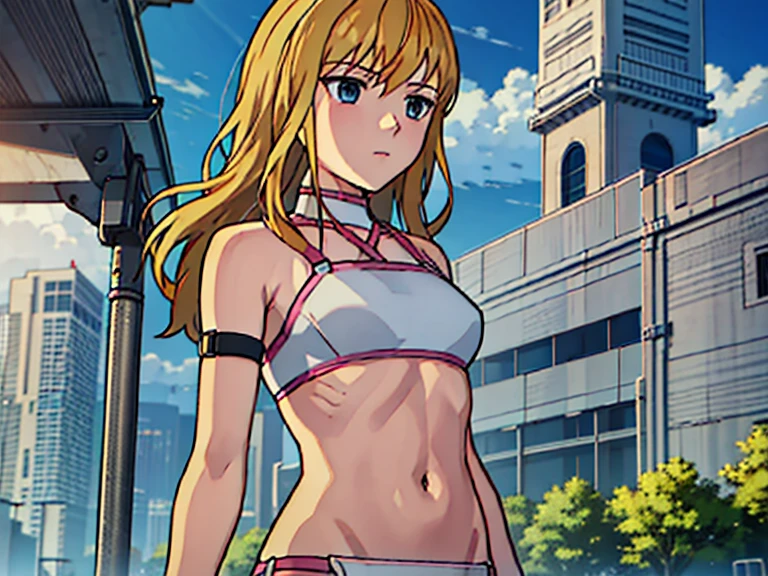 lucy from chrono ark, 1girl, solo, small breast, soft smile, looking at viewer, blurry background, outdoors, half body, slim, ((masterpiece)), best quality, high detailed illustration, high detailed background, hi-res, standing, upper body, (bikini), showing her back