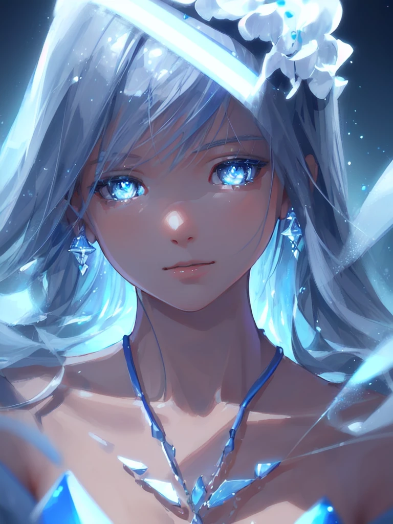 masterpiece, best quality, illustration, sax blue, platinum earrings, platinum necklace, white dress, 1girl, cute, (dynamic lighting:1.2), cinematic lighting, delicate facial features, detailed eyes, sharp pupils, realistic pupils, depth of field, bokeh, sharp focus, (hyper-detailed, bloom, glow:1.4), many small gems