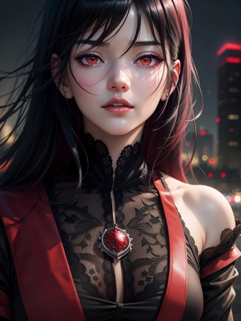 touka kirishima,beautiful detailed eyes,beautiful detailed lips,extremely detailed eyes and face,red and black hair,tokyo ghoul,anime style,dark and mysterious atmosphere, intense gaze[tokyo ghoul],outdoor setting,cityscape background,nighttime scene,vivid colors,sharp focus,highres,physically-based rendering