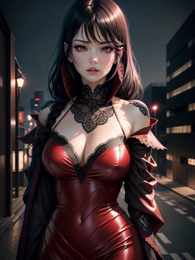touka kirishima,beautiful detailed eyes,beautiful detailed lips,extremely detailed eyes and face,red and black hair,tokyo ghoul,anime style,dark and mysterious atmosphere, intense gaze[tokyo ghoul],outdoor setting,cityscape background,nighttime scene,vivid colors,sharp focus,highres,physically-based rendering