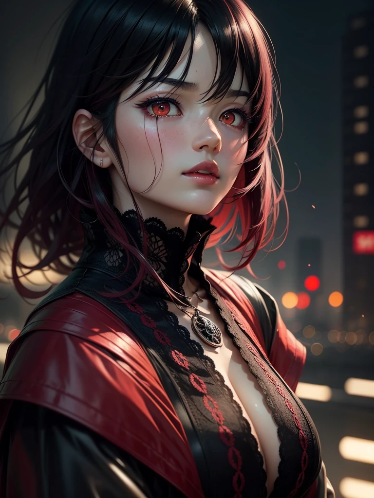 touka kirishima,beautiful detailed eyes,beautiful detailed lips,extremely detailed eyes and face,red and black hair,tokyo ghoul,anime style,dark and mysterious atmosphere, intense gaze[tokyo ghoul],outdoor setting,cityscape background,nighttime scene,vivid colors,sharp focus,highres,physically-based rendering