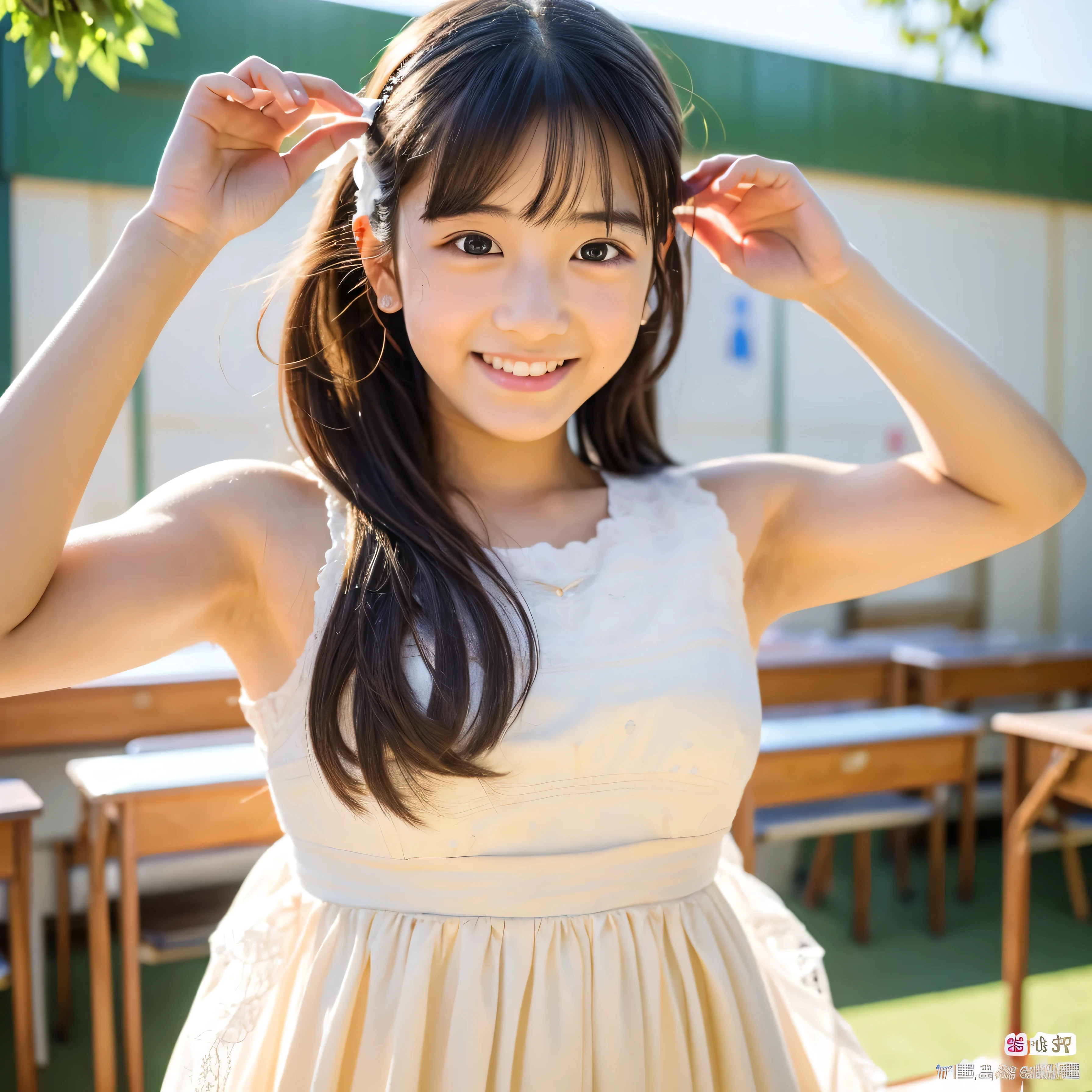 masterpiece, highest quality, 8k, Very smelly armpits、 View here、 Realistic armpit wrinkles:1.9、 Japanese women、 Big eyes、 Cute junior high school student standing in the classroom、 Long hair idol、 Hands tied、 Detailed thick armpit hair、 A meaningful smile、 Super muscular shoulders、 Detailed Wedding Dresses