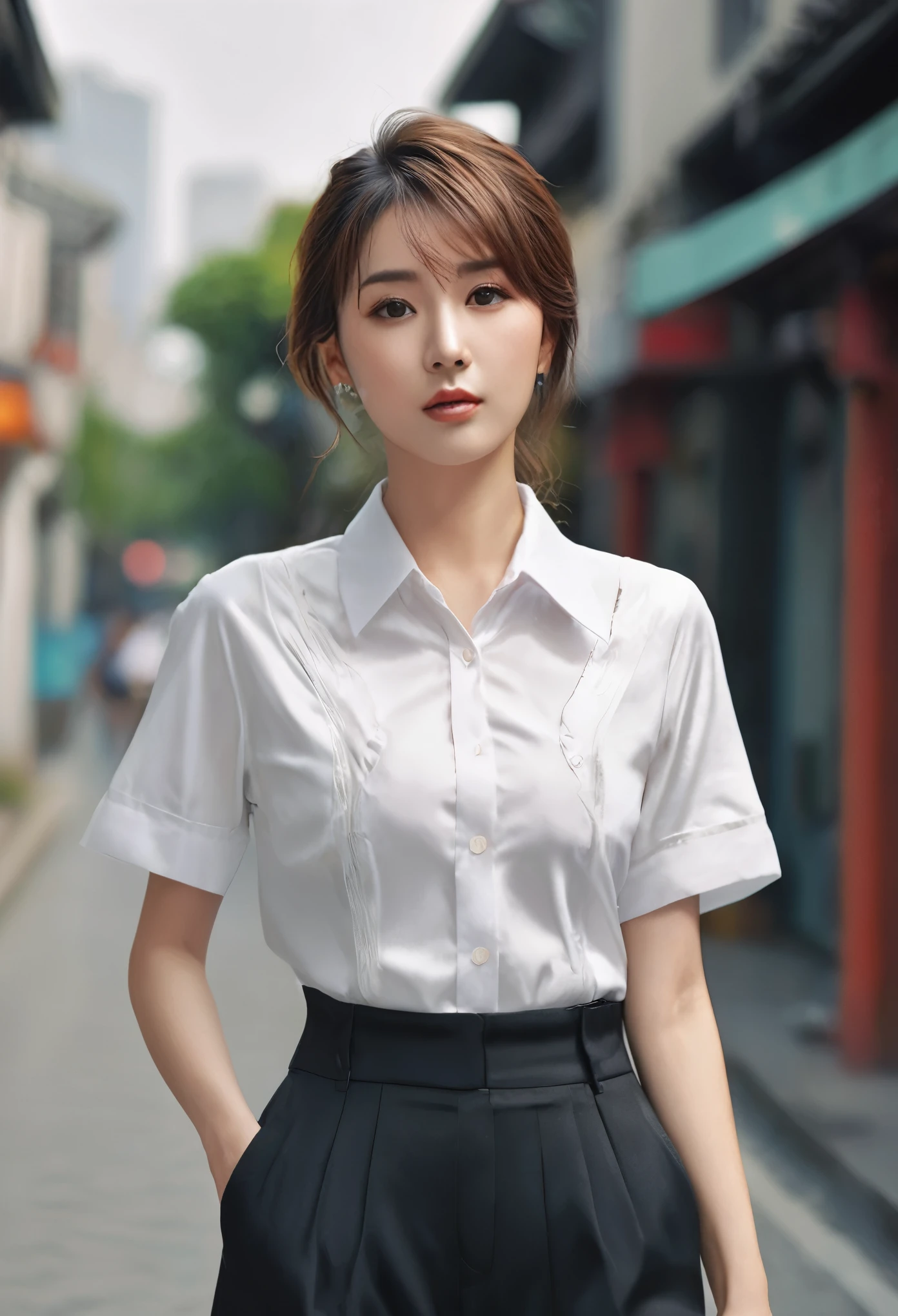 (((realistic photography))),, portrait, (afraid face:1.3),, beautiful girl, looking at viewer, , (school uniform:1.2), shirt buttoned and trousers, , (busty cleavage:1),, in the japan street, (environment details:1.3),, (RAW Photo, cg unity, photography, ultra realistic details, sharp focus, detailed skin,4k, high-res, masterpiece, best quality, realistic, vibrant:1.2),, (8k,4k, UHD, high resolution, professional, cinematic, movie, dramatic),, (anamorphic depth of field blur background), detailed background, huge breast size