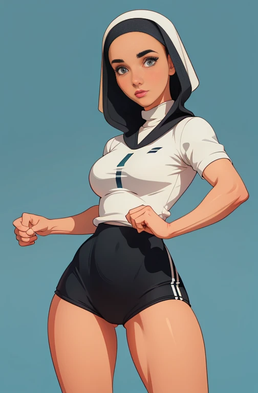 garota,, pequeno, Shy, bunda grande, volleyball shorts,  catholic nun outfit  , dynamic pose, Quente, soft or colored lips, fundo simples, perfect hands, anatomia perfeita, Tilt Jennifer Connelly style Cartoon style digital illustration GTA style