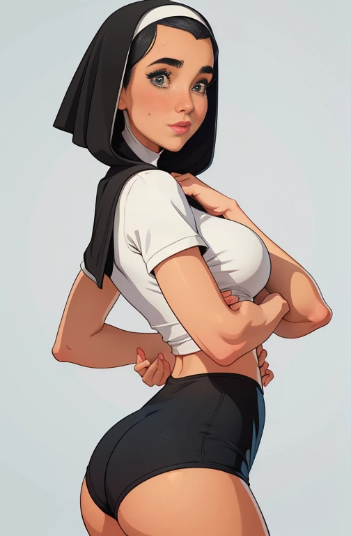 garota,, pequeno, Shy, bunda grande, volleyball shorts, catholic nun outfit , dynamic pose, Quente, soft or colored lips, fundo simples, perfect hands, anatomia perfeita, Tilt Jennifer Connelly style Cartoon style digital illustration GTA style