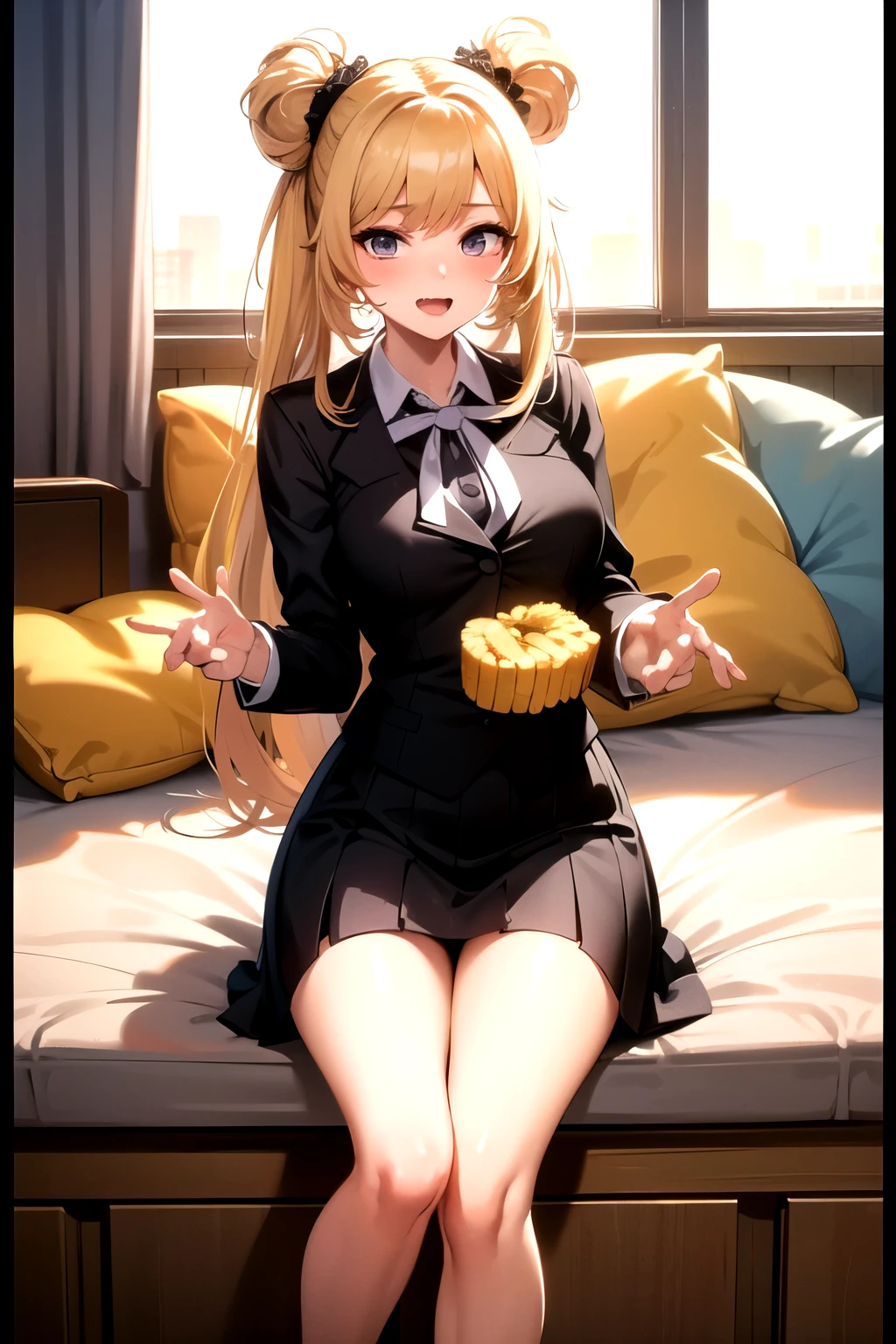 ((mejor calidad)), ((Obra maestra)), (detallado), chica con pechos grandes, sonrojada, rubia, estilo anime, coquette, short skirt eating a banana