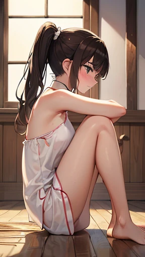 ((masterpiece)), (HQ), (4K), (high detailed), (((best quality))), (detailed face), (beautiful, cute, pretty girl), (slender teenl), ((high ponytail)), (blushing:1.5), (white button shirt), ((bare collar)), ((((spaghetti strap pyjamas)))), (skinny waist), (skinny thighs), (wood cabin), (brown hair), (((view from side))), (((bending over))), (((loose pyjama top falling off))), (((bare arms))), (((bare legs)),