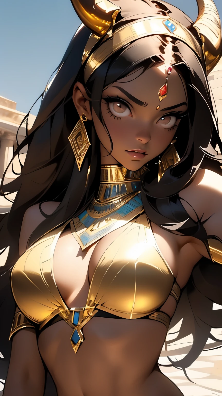 (masterpiece:1.2, best quality), (finely detailed beautiful eyes: 1.2), (finely detailed eyes and detailed face:1.3), (scenery :1.2), (extremely detailed CG, ultra-detailed, best shadow:1.1), ((depth of field)), beautiful concept illustration, (illustration:1.1), (extremely fine and beautiful:1.1), (perfect details:1.1), 1girl, sharp focus, black hair, light brown eyes, egyptian, wide hips, mature female, medium breasts, curvy, gold egyptian jewelry, royal gold, dark skin, ((devil girl)), [brown skin], [egyptian jewelry], ((brown skin)), (light brown eyes), ((horns)), [devil], (((bikini))), ((black hair)), (((1girl))), looking at camera, ((seductive)), ((intense stare))