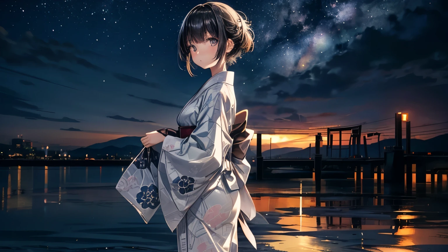 A 17-year-old Japanese girl standing and gazing at the night sky、Slender、wearing a black yukata。White medium short hair。The yukata has a white rabbit design。Highest quality。Pose in the back。