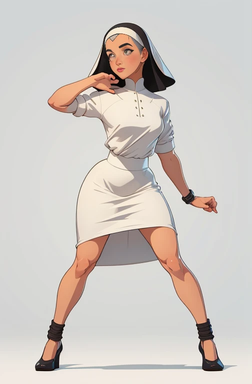 garota,, pequeno, Shy, bunda grande,   catholic nun outfit  , dynamic pose, Quente, soft or colored lips, fundo simples, perfect hands, anatomia perfeita, Tilt Jennifer Connelly style Cartoon style digital illustration GTA style