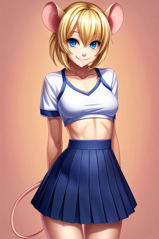 Mouse girl high school student ,solo, female, blonde hair, blue eyes, smiling, breasts, slim, small waist, small hips, American high school, tight fitting white crop top, pleated skirt, hands behind back, happy, looking at viewer, high quality