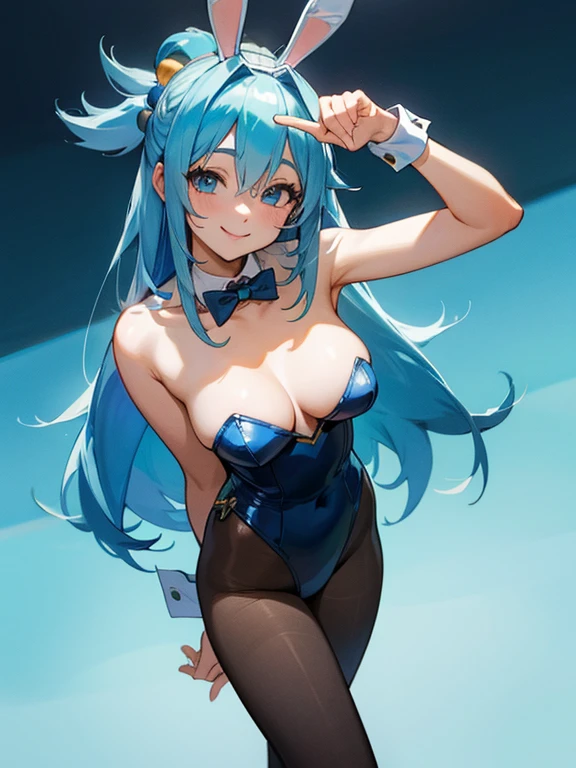 aaaqua, long hair, blue hair, hair rings, hair ornament, pantyhose, playboy bunny, bare shoulders, smile, cowboy shot, highly detailed, HD, 4K, Masterpiece, highres