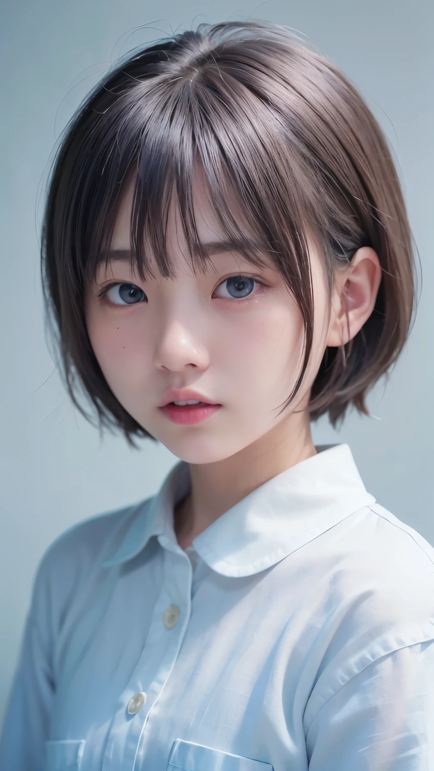 1 Very Cute Girl、、short hair、White Hair、Blue background、Upper body、(head shot:1.5)、Eyes focus、Collared shirt、Laughter、、(8k、Raw photo、highest quality、masterpiece:1.2)、(Realistic、Photorealistic:1.3)、Hmph、Deep depth of field、Wide Light、High Contrast、(Shine:1.4)、chromatic aberration、Sharp focus、RAW color photoovie stills、Cinematic lighting、8k resolution、