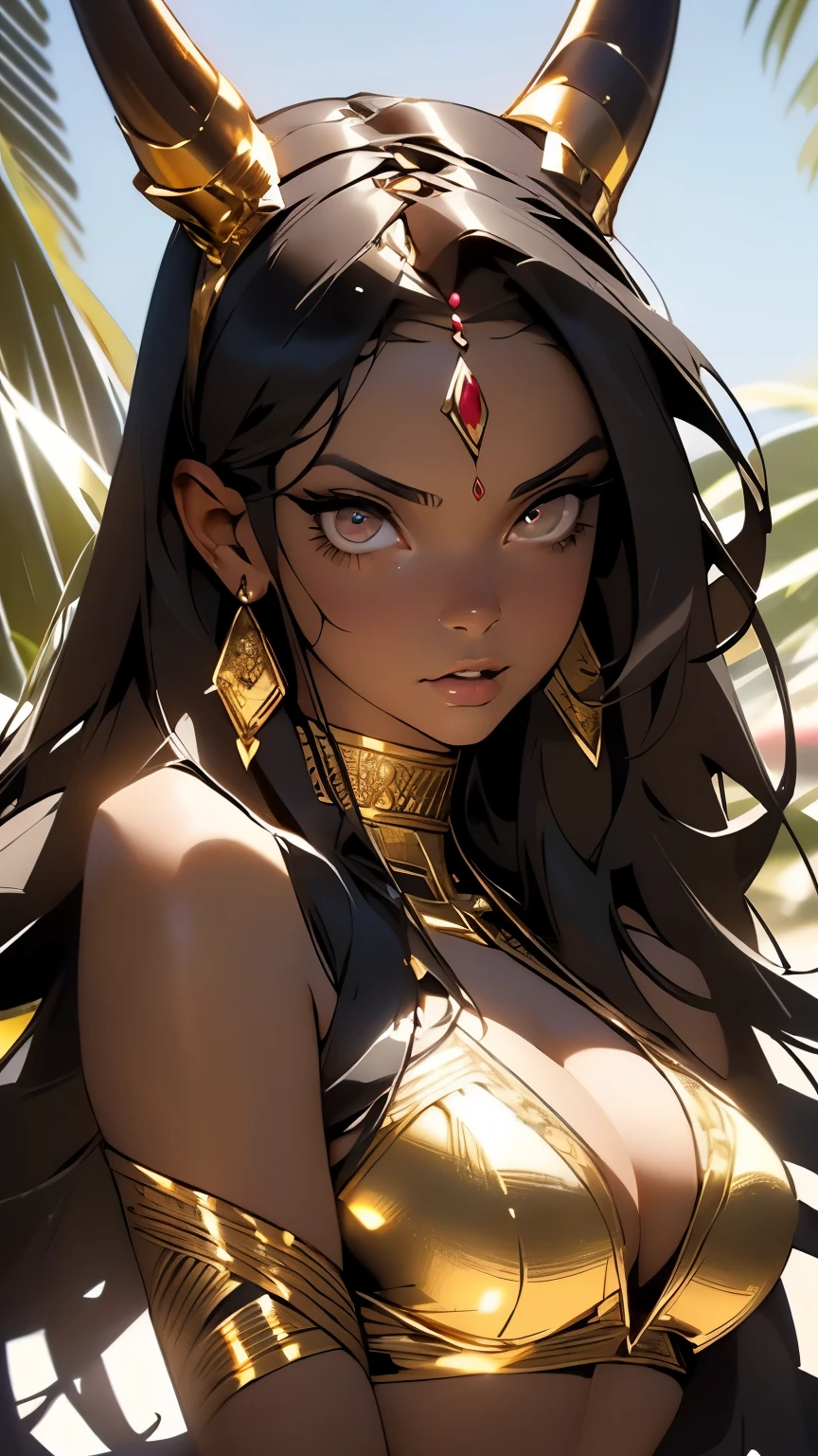 (masterpiece:1.2, best quality), (finely detailed beautiful eyes: 1.2), (finely detailed eyes and detailed face:1.3), (scenery :1.2), (extremely detailed CG, ultra-detailed, best shadow:1.1), ((depth of field)), beautiful concept illustration, (illustration:1.1), (extremely fine and beautiful:1.1), (perfect details:1.1), 1girl, sharp focus, black hair, light brown eyes, egyptian, wide hips, mature female, medium breasts, curvy, gold egyptian jewelry, royal gold, dark skin, ((devil girl)), [brown skin], [egyptian jewelry], ((brown skin)), (light brown eyes), ((horns)), [devil], (((bikini))), ((black hair)), (((1girl))), looking at camera, ((seductive)), ((intense stare)), cleavage