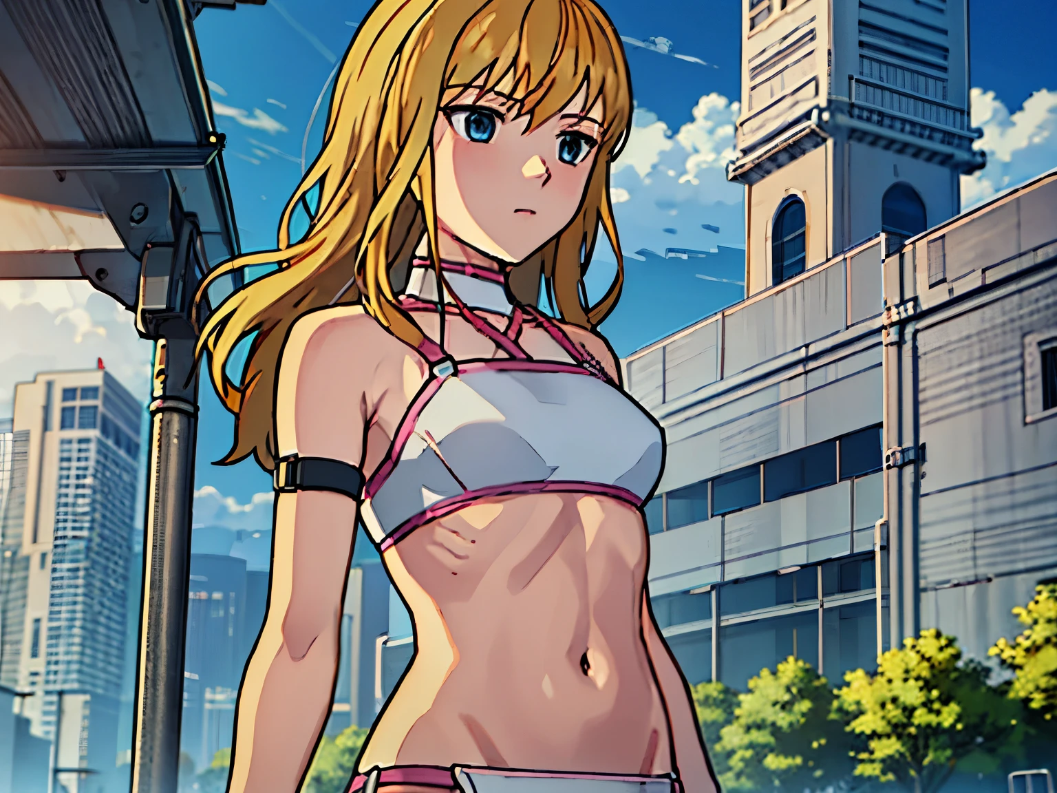 lucy from chrono ark, 1girl, solo, small breast, soft smile, looking at viewer, blurry background, outdoors, half body, slim, ((masterpiece)), best quality, high detailed illustration, high detailed background, hi-res, standing, upper body, (bikini), showing her back
