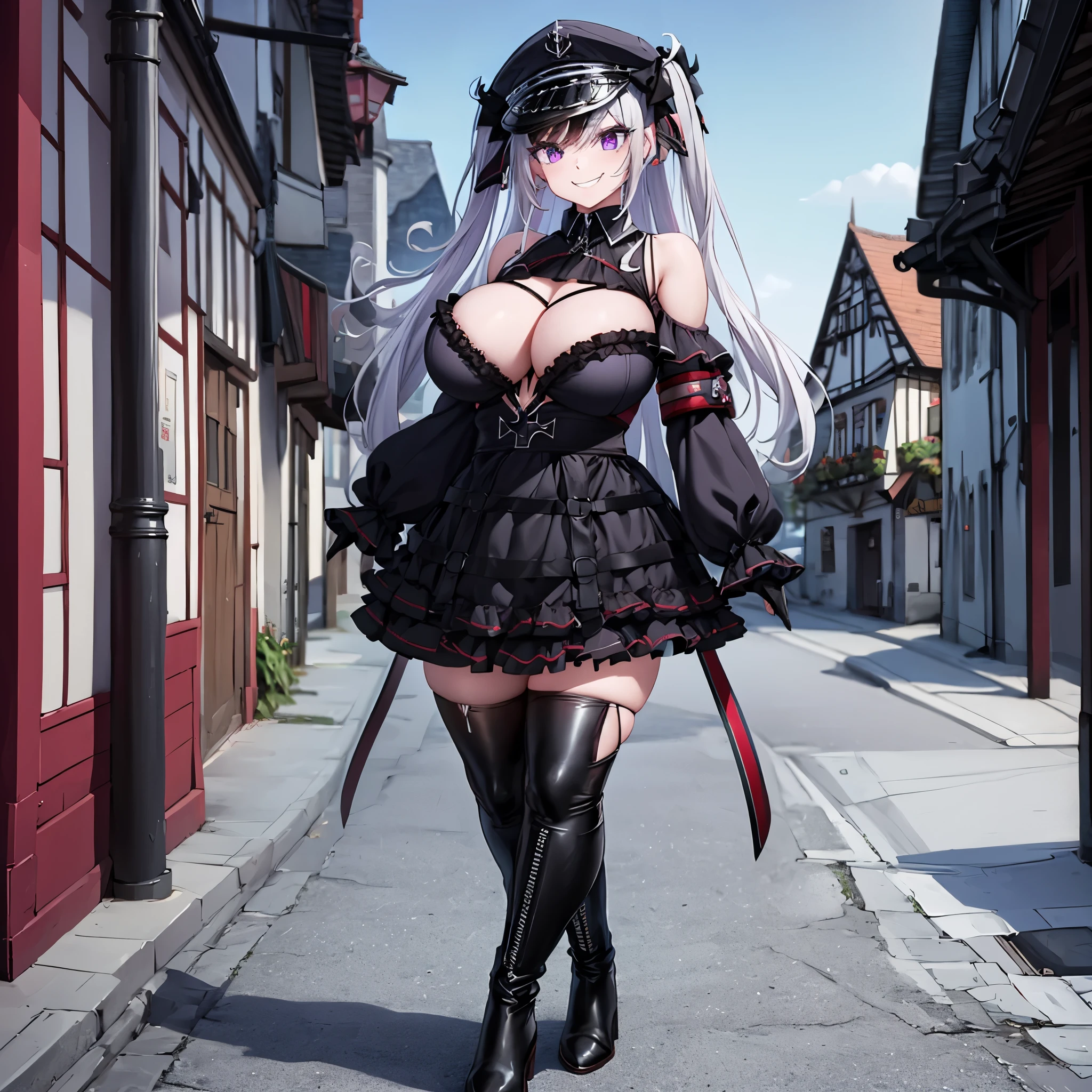A girl wearing black custom gothic dress, with black roses decorating the top, long silver hair, black military hat, long black stockings, women's black boots, smiling, purple eyes, walking on the promenade in a traditional German town, full body, breasts big,(woman solo), HDR, ultra resolution, sharp, masterpiece, 8K HD