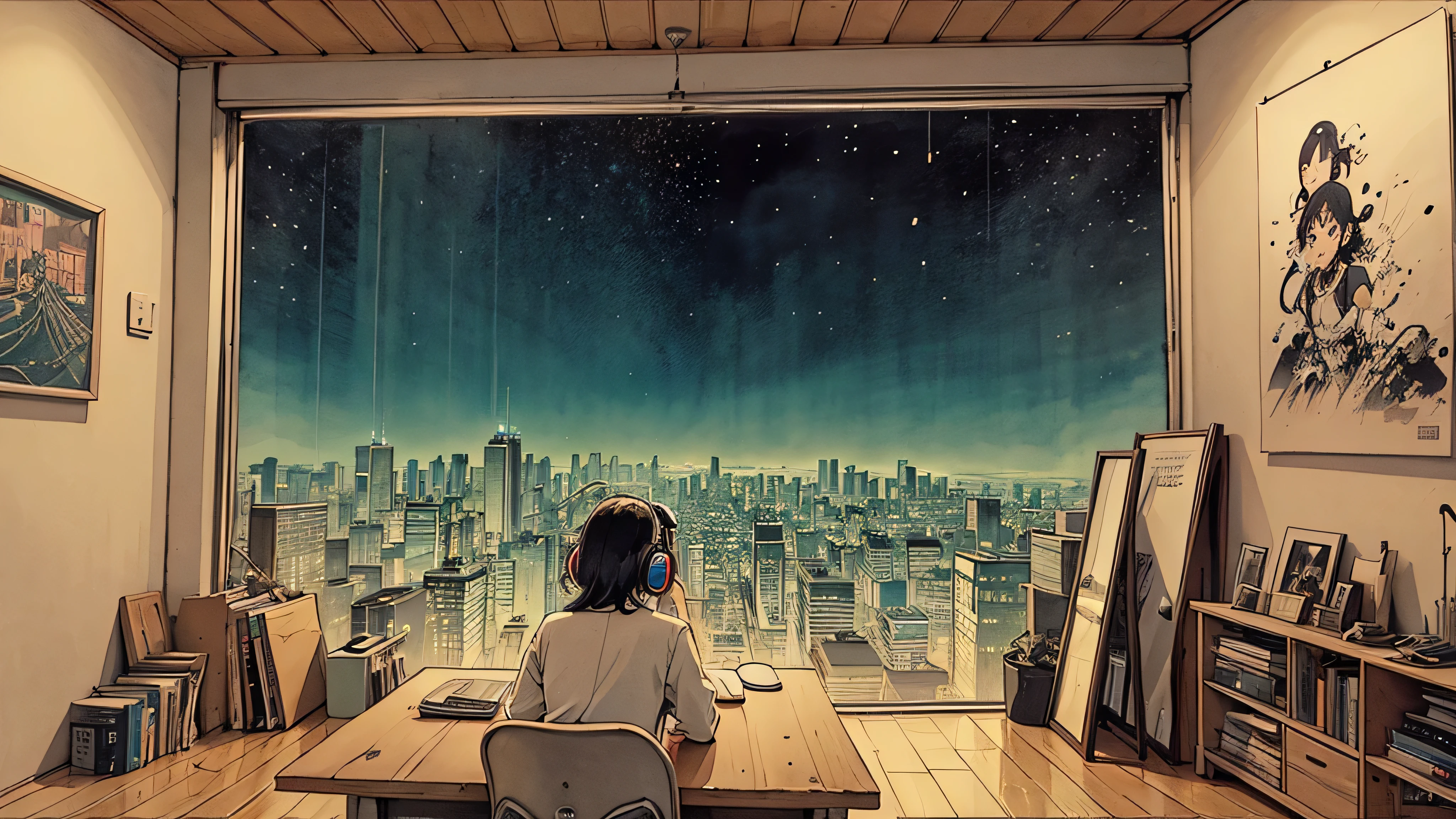 One Girl , I have headphones on, Study in your room, I read a book, Nightlight, Neon scenery on a rainy day,Analog Color Theme, Lo-fi hip hop , retrospective, flat, 2.5D ,Draw a line, Digital ink drawing, Great slope, Watercolor, Gushcore, Studio Ghibli style, amazing colors, Exterior ton, Synthwave, Arte Roffie,90s Style,Ancient Texture, amplitude,90s vibe, Tabletop, Amazing technology, 16:Scale 9