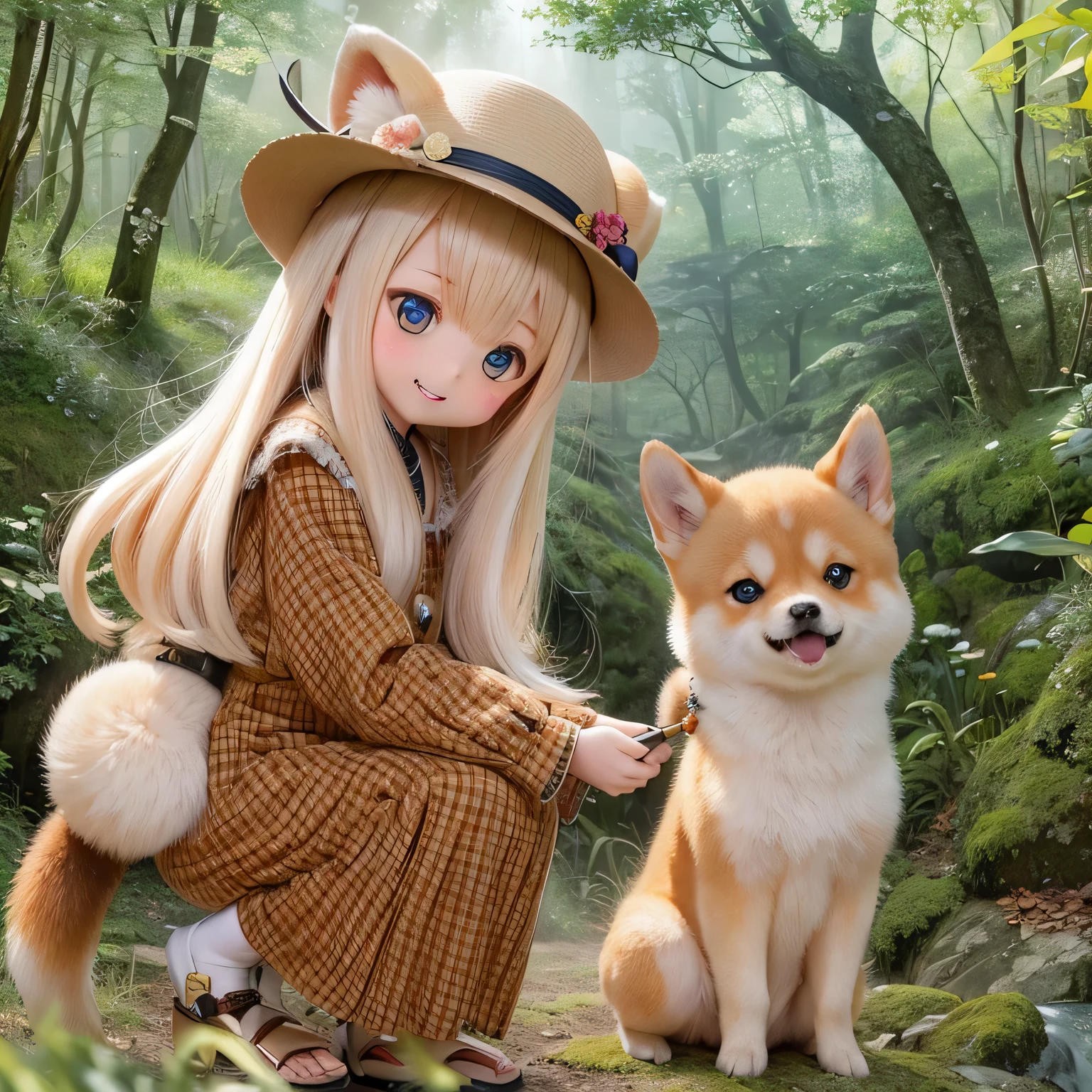 Beautiful details, Long eyelashes, Cute Button Nose, Rosy lips, Girl playing with Shiba Inu in a picturesque rural setting, Warm sunlight glows golden, A tall mountain々The winding road, Towering Blue々wood々, Serene atmosphere, Girl in a loose dress and wide-brimmed hat , smile、Pure joy in his eyes, The Shiba Inu is wagging his tail and looking up at her excitedly, Build heartwarming bonds, A sense of adventure and exploration in the air, A mountain of magnificent beauty々, The summit touches the clouds, The sound of birds chirping and leaves rustling in the wind, capturing the perfect moment, (highest quality, High resolution, Very detailed, Realistic)