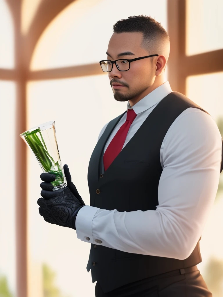 An award-winning original photo, (40 years old daddy:1.1), 1boy, Solo, round face, beefy body, (big shoulders), big pecs, big pectorals, stubbles, Short beard, Beautiful eyes:1.3, (Detailed face:1.3), wearing glasses, Dynamic Angle, volumetric lighting, (Best quality, A high resolution, Photorealistic), Cinematic lighting, Masterpiece, RAW photo, stock photo, Intricate details, hdr, depth of field, masterpiece, best quality, looking at viewer, man wearing red tie and white shirt and black vest and black gloves, butler, george pei