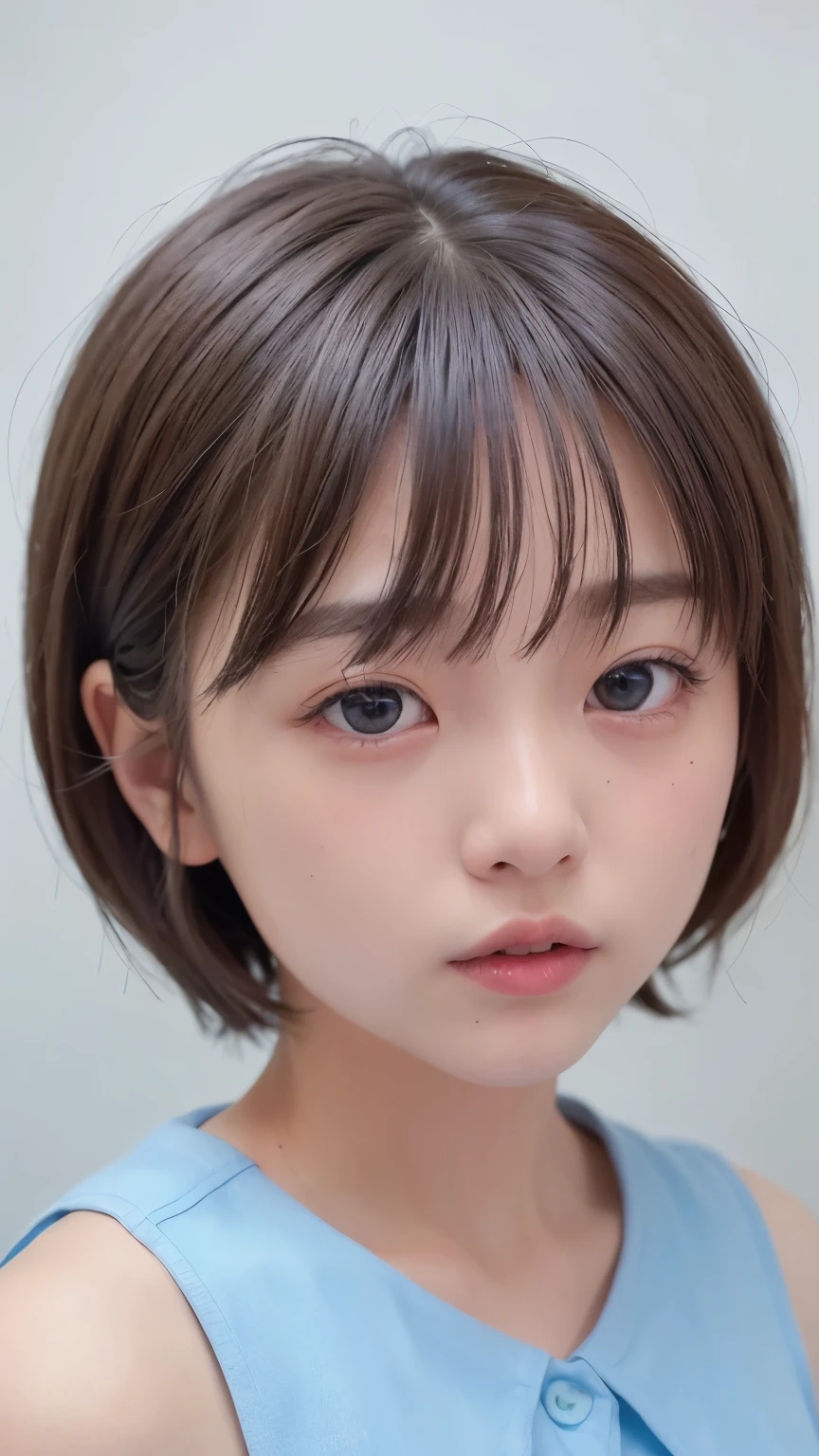 1 Very Cute Girl、12 years old、short hair、White Hair、Blue background、Upper body、(head shot:1.5)、Eyes focus、Collared shirt、Laughter、、(8k、Raw photo、highest quality、masterpiece:1.2)、(Realistic、Photorealistic:1.3)、Hmph、Deep depth of field、Wide Light、High Contrast、(Shine:1.4)、chromatic aberration、Sharp focus、RAW color photoovie stills、Cinematic lighting、8k resolution、