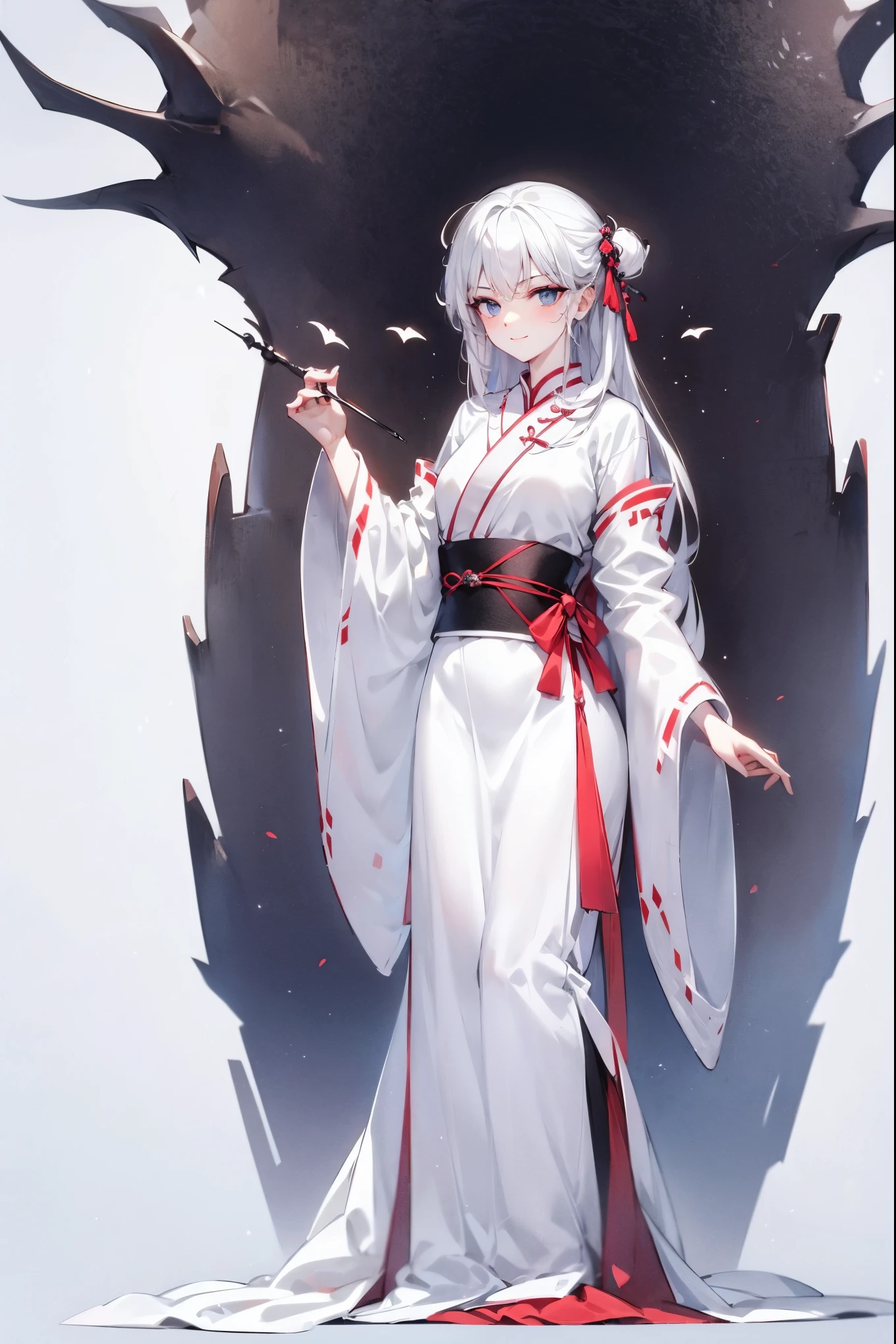 (masterpiece),(Highest quality),(Best details),(High Definition),(Beautiful works),(Full body picture),Chinese fantasy style,1girl,((white hair)),Black eyes,((White clothes)),(((Villain image))),((Beautiful clear eyes)),(Sinister smile),((Simple plain white background))