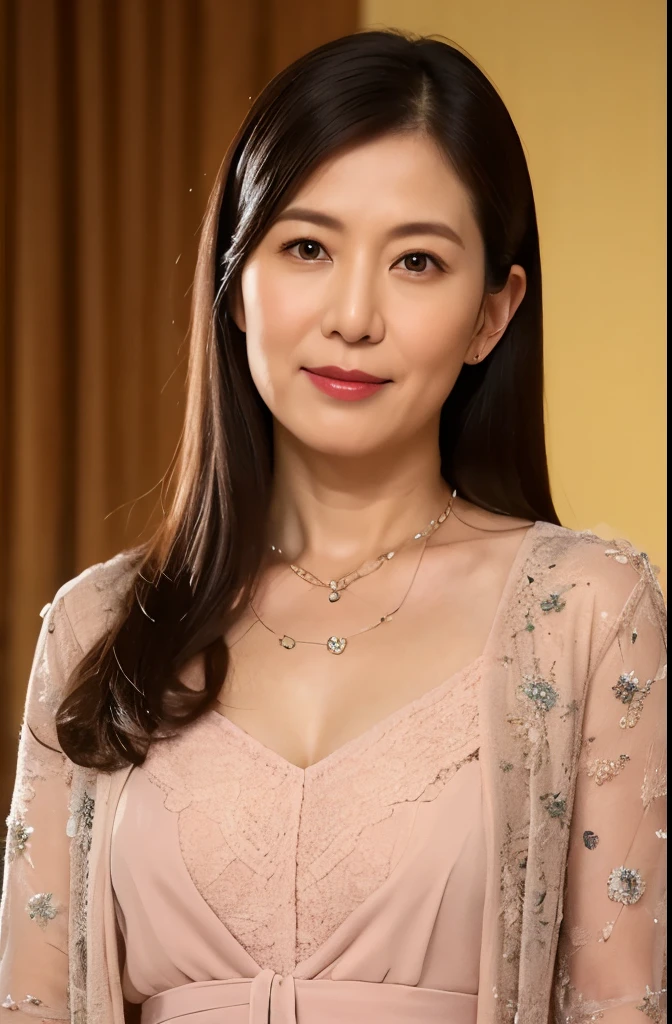 woman, ((highest quality)), ((8k)), ((masterpiece:1.3)), (become familiar with), ((luxury hotel lobby)), (calming lighting), (((ロビーを歩く日本人woman))), (柔らかい明かりが二人のwomanを照らす), NSFW, (perfect face), (57 years old), (wrinkles on face:1.2), (wrinkles at the corners of the eyes:1.4), (double eyelids), (tear bags under the eyes), (a calm smile), (wavy long hair), (Tight lace dress with transparent chest), (既婚woman), (whole body),