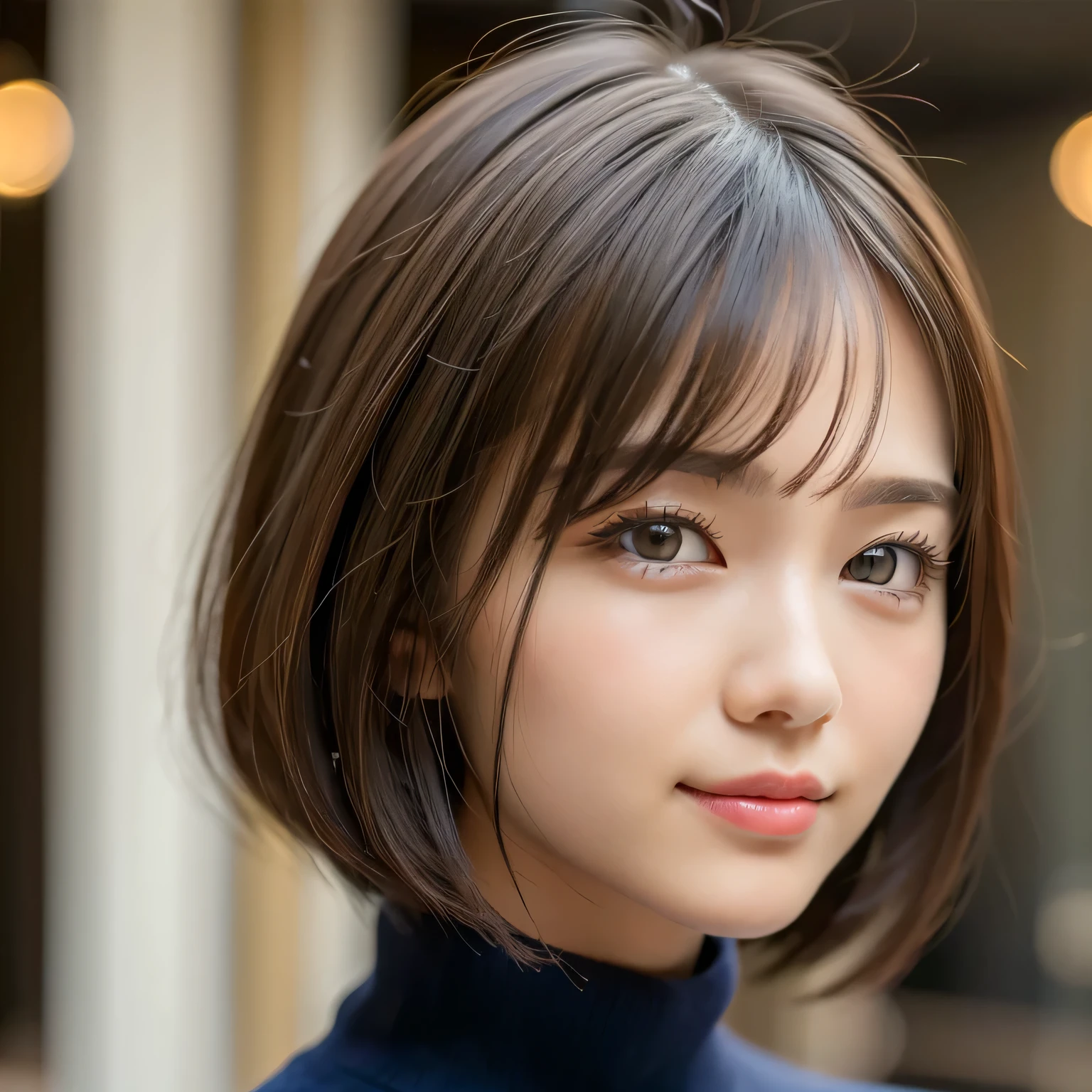 (highest quality: 1.5)、(Realistic: 1.5)、(1 person: 1.5)、Very detailed、High resolution、8k、masterpiece、Detailed face、Natural color lips、Cute Smile、Japanese women、20-year-old girl、Beautiful and elegant face、Perfect and beautiful face、Beautiful, balanced eyes、Symmetrical eyes、Big eyes、Big Eyes、Beautiful and elegant face、double eyelid、Arched eyebrows、Thin eyebrows、Cute eyelashes、Natural Bangs、Beautiful and thin nose、Beautiful Skin、Fair skin、Medium Bob Hair、Natural Bangs、Perfect and beautiful face、Slim face、(Looking at the camera)、Bright lighting、Professional Lighting、Front lighting、Natural smile、sweater、
