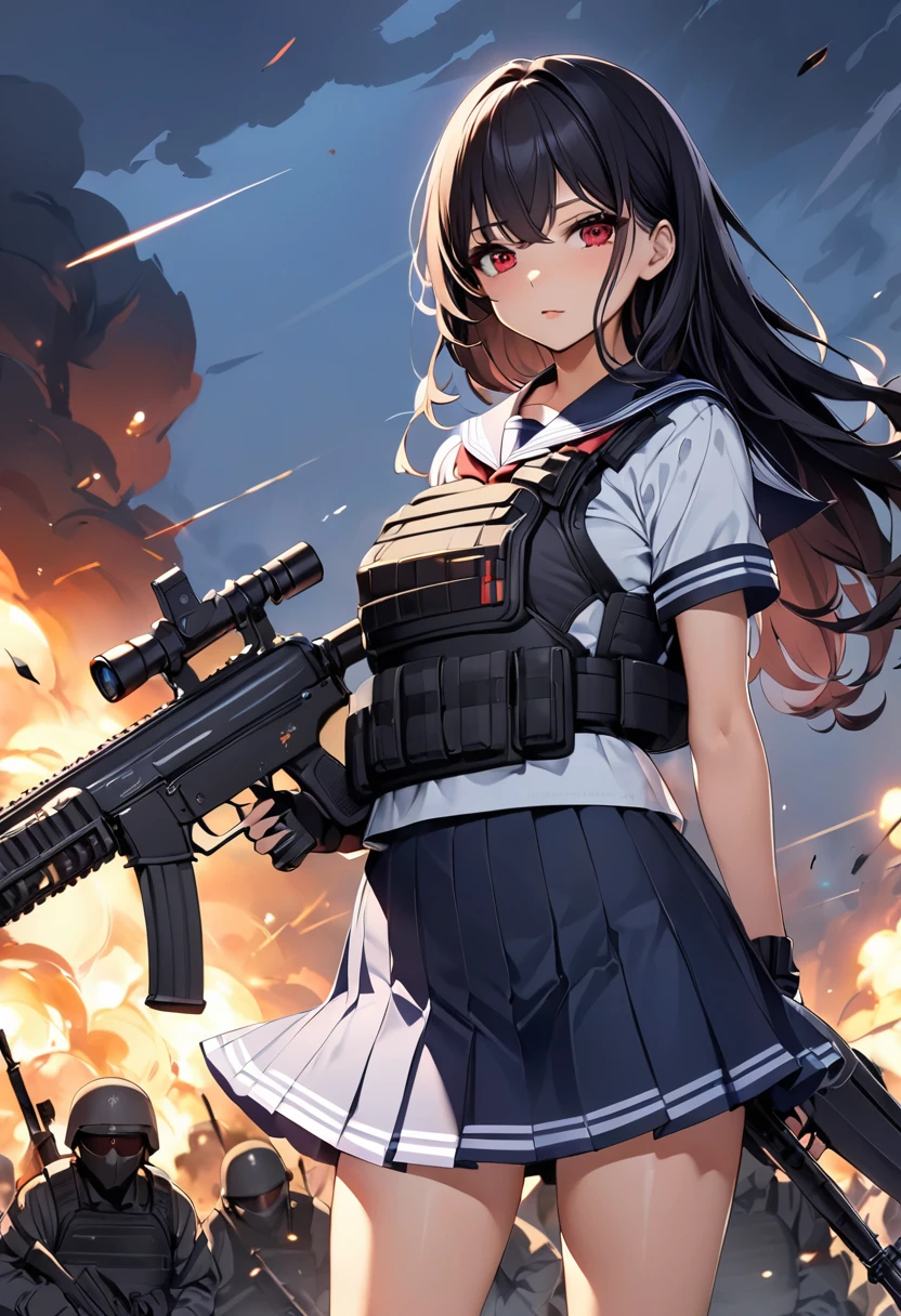 masterpiece、highest quality、Ultra-high resolution、Maximum resolution、Very detailed、Professional Lighting、anime、woman、thin、so beautiful、high school girl、Sailor suit、Has an assault rifle、Red Eye、Black Hair、long hair、Fingerless gloves、Equipped with a plate carrier、Standing alone on the battlefield