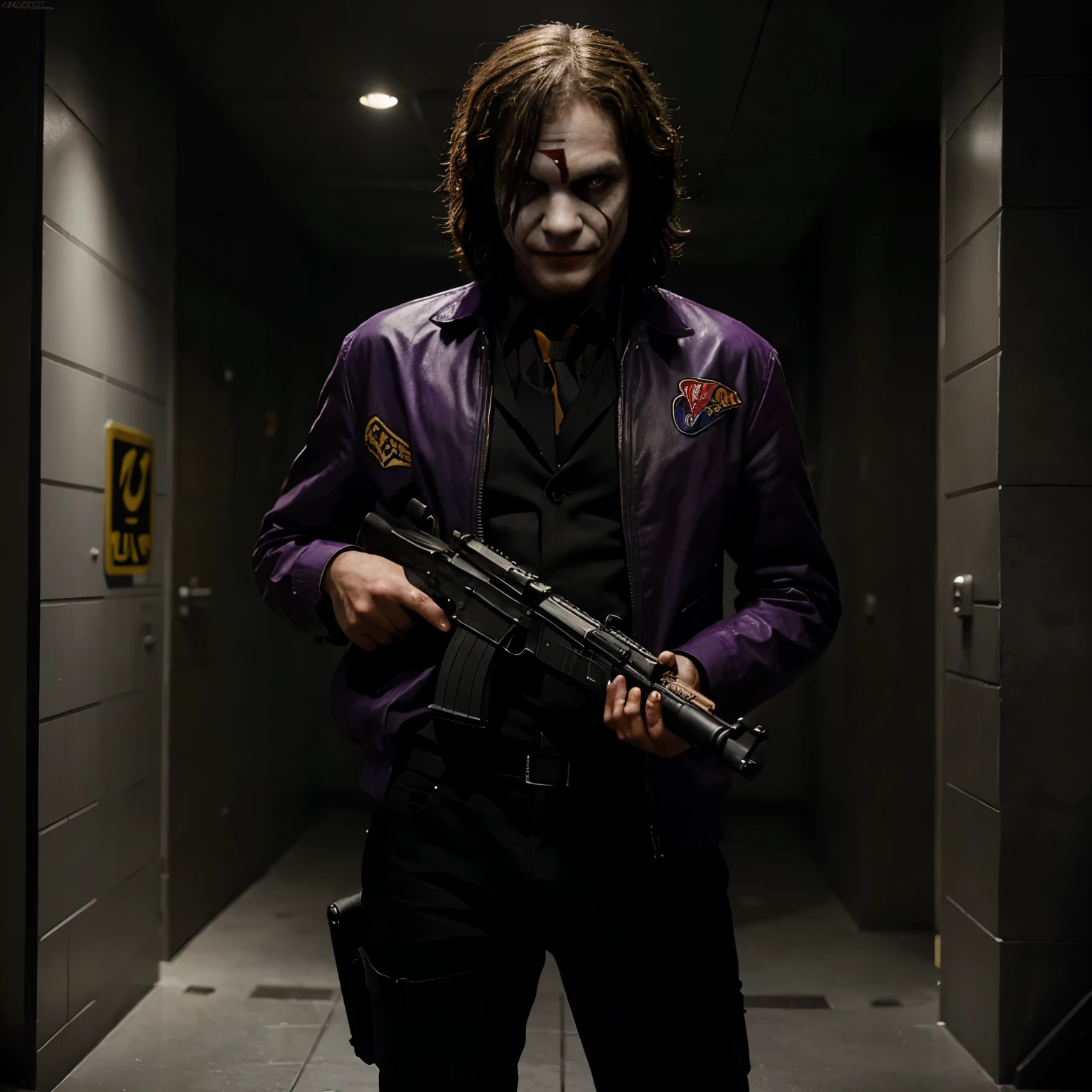 Personaje de la movie el jokers con un rifle AK-47