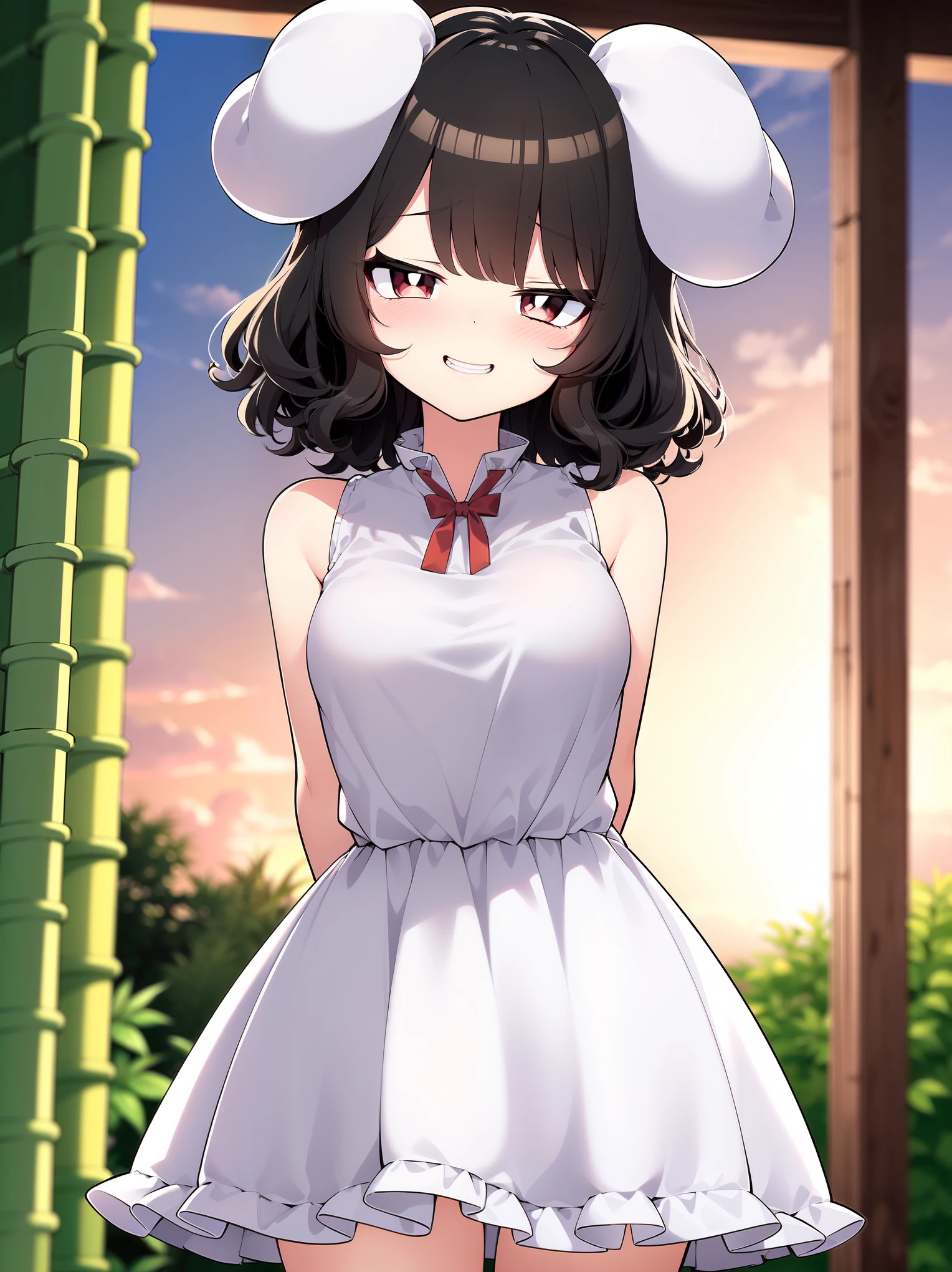 (cowboy shot), (ultra-high resolution, depth of field:1.2), Touhou project, (Tewi Inaba1.1), (1woman), (medium breasts), (dark red eyes), (black hair) short hair, (bangs), curly hair, rabbit tail, (cute white dress:1.2), bamboo forest scenery, sunset, squinting eyes, (grinning), (blushing:1.2), slightly bending forward, arms behind back