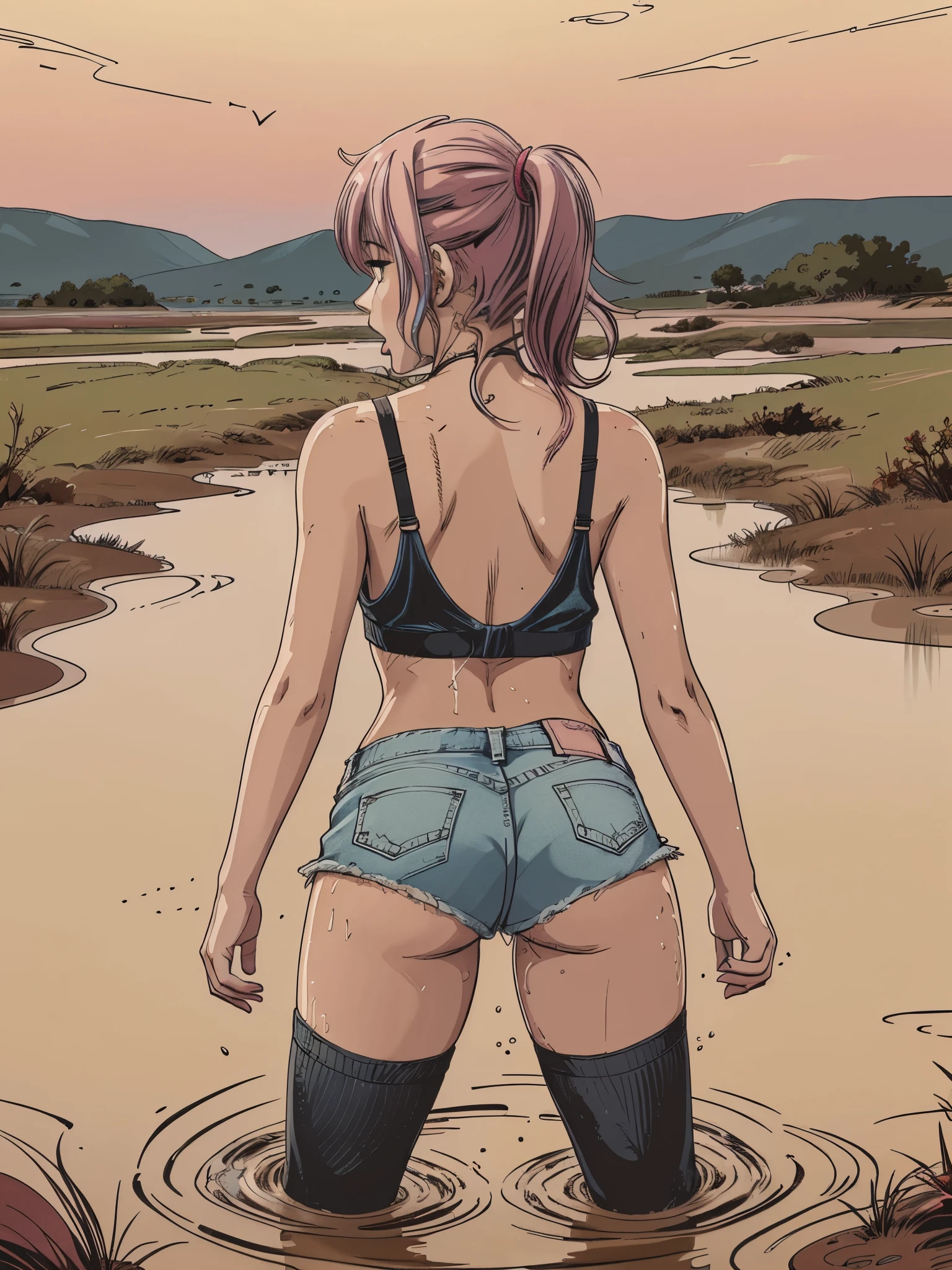 (vector image:1.2), (best quality), (highres), (masterpiece), (anime), ( girl), (gloomy orgasm:1.1),(colored hair), (blush), (sporty top), (stockings ), (denim shorts), ( drowned in quicksand bog), (red),sky, from back, provocative sexy