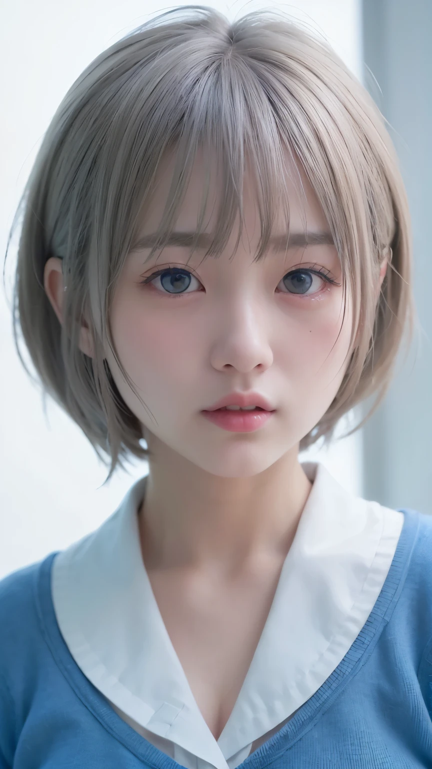 1 Very Cute Girl、、short hair、White Hair、Blue background、Upper body、(head shot:1.5)、Eyes focus、Collared shirt、Laughter、、(8k、Raw photo、highest quality、masterpiece:1.2)、(Realistic、Photorealistic:1.3)、Hmph、Deep depth of field、Wide Light、High Contrast、(Shine:1.4)、chromatic aberration、Sharp focus、RAW color photos、Cinematic lighting、8k resolution、