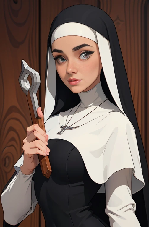 garota,, pequeno, Shy, bunda grande,   catholic nun outfit  , dynamic pose, Quente, soft or colored lips, fundo simples, perfect hands, anatomia perfeita, Tilt Jennifer Connelly style Cartoon style digital illustration GTA style vampire slayer with a bible in one hand and a wooden stake in the other 