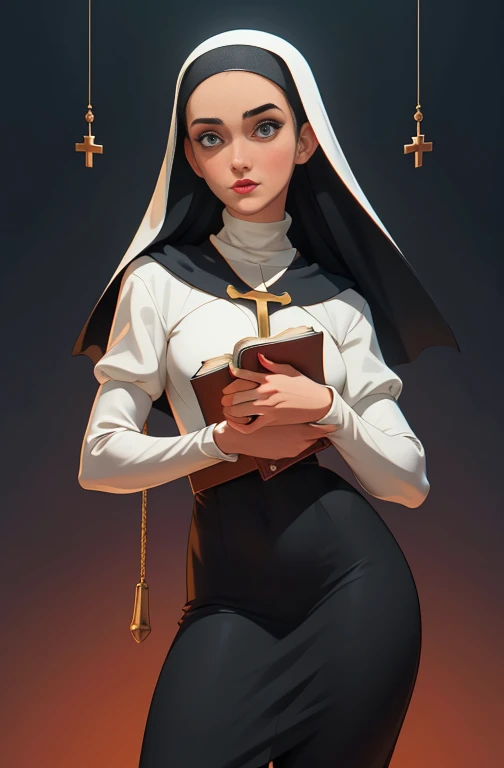 garota,, pequeno, Shy, bunda grande, catholic nun outfit , dynamic pose, Quente, soft or colored lips, fundo simples, perfect hands, anatomia perfeita, Tilt Jennifer Connelly style Cartoon style digital illustration GTA style vampire slayer with a bible in one hand and a wooden stake in the other