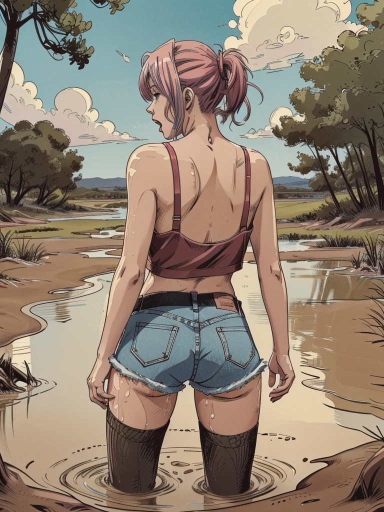 (vector image:1.2), (best quality), (highres), (masterpiece), (anime), (young teenage girl), (gloomy orgasm:1.1),(colored hair), (blush), (sporty top), (stockings ), (denim shorts), ( drowned in quicksand bog), (red),sky, from back, provocative sexy, turns around
