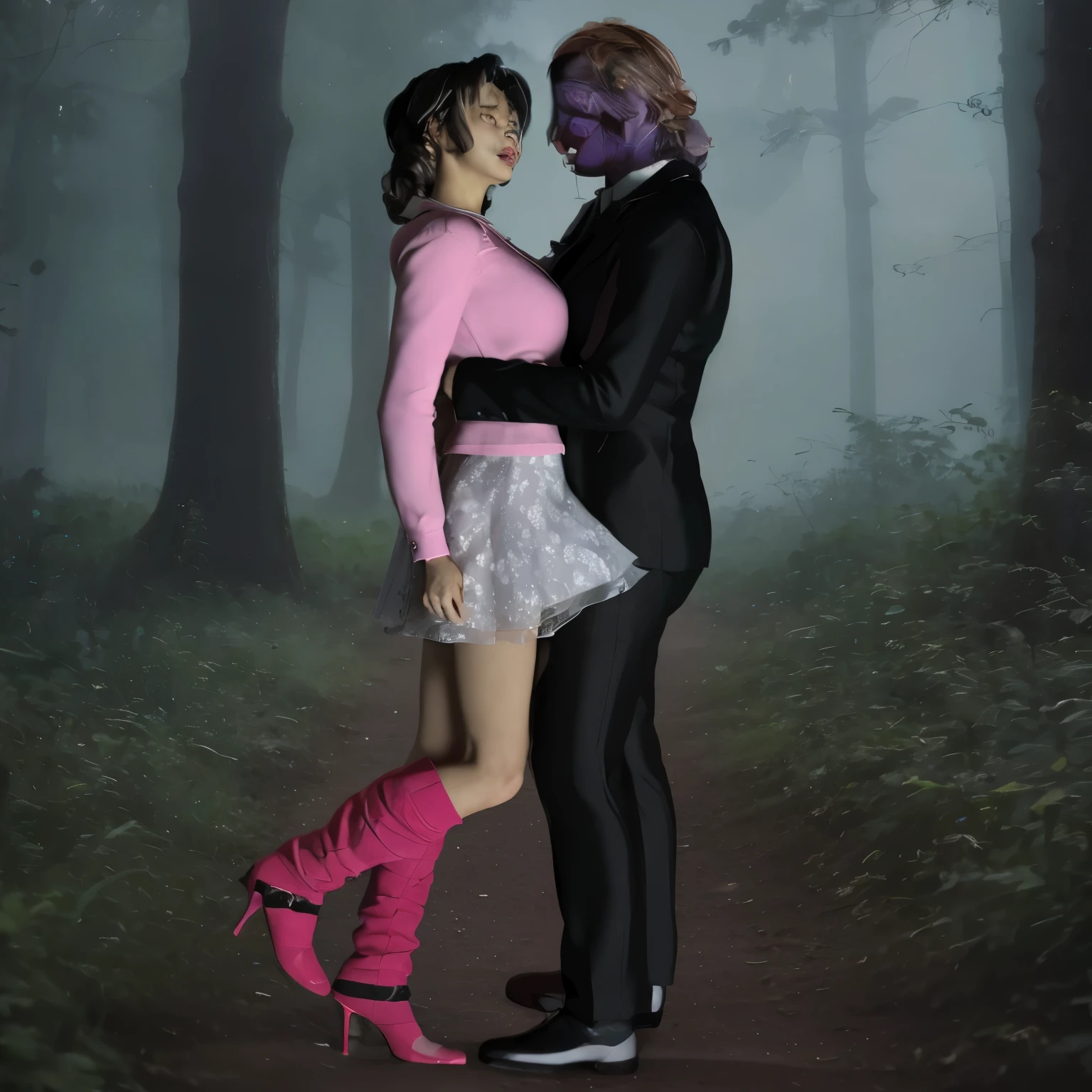 1 girl,alone,(whole body),(8k, highest quality, masterpiece:1.2), (Realistic, photo-Realistic:1.37), Very detailed,highest quality, Ultra-high resolution, Professional Lighting, Photon Mapping, Radio City, Physically Based Rendering, Cinema Lighting, Midnight Road,Written boundary depth, 25-year-old female、Grimacing,fog、Frowning
