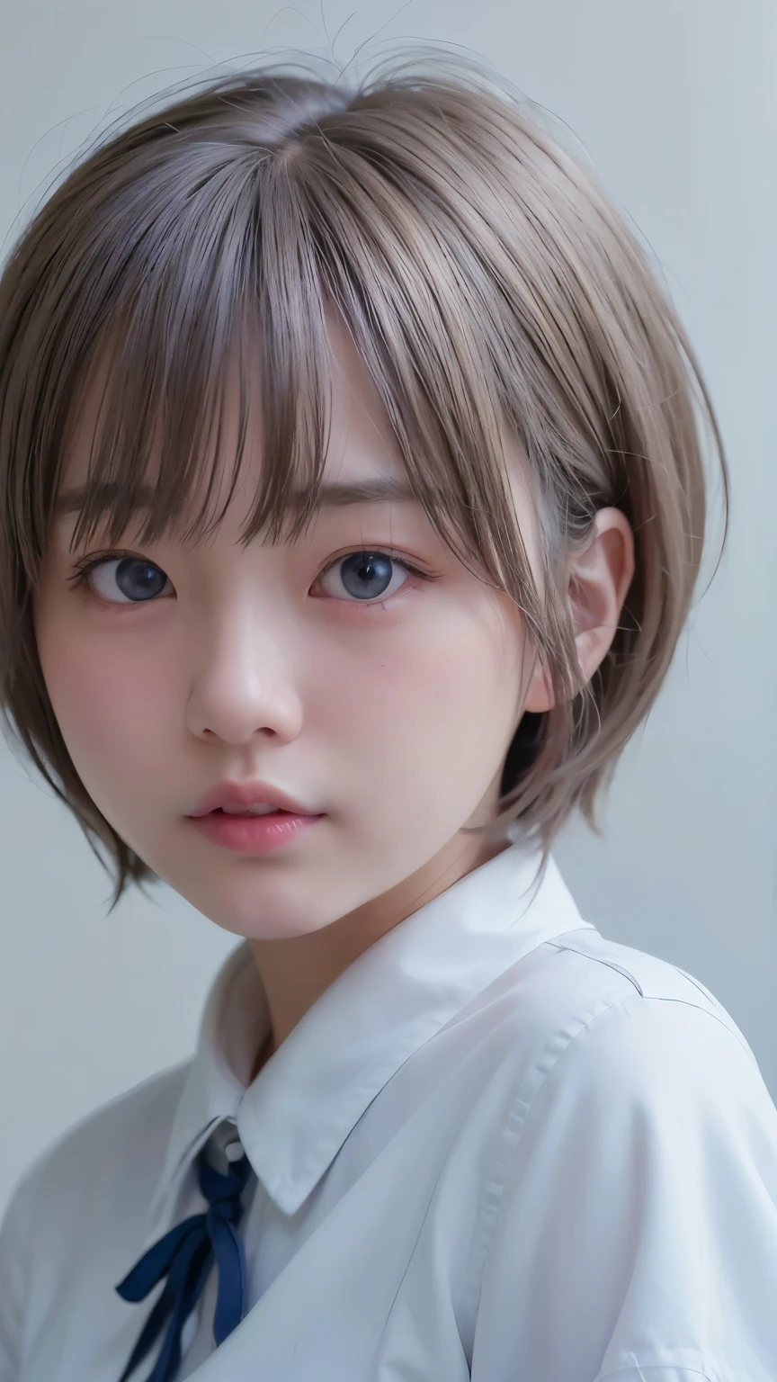1 Very Cute Girl、、short hair、White Hair、Blue background、Upper body、(head shot:1.5)、Eyes focus、Collared shirt、Laughter、、(8k、Raw photo、highest quality、masterpiece:1.2)、(Realistic、Photorealistic:1.3)、Hmph、Deep depth of field、Wide Light、High Contrast、(Shine:1.4)、chromatic aberration、Sharp focus、RAW color photoovie stills、Cinematic lighting、8k resolution、