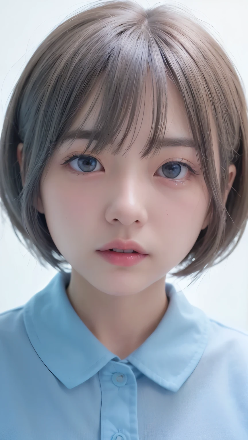 1 Very Cute Girl、12 years old、short hair、White Hair、Blue background、Upper body、(head shot:1.5)、Eyes focus、Collared shirt、Laughter、、(8k、Raw photo、highest quality、masterpiece:1.2)、(Realistic、Photorealistic:1.3)、Hmph、Deep depth of field、Wide Light、High Contrast、(Shine:1.4)、chromatic aberration、Sharp focus、RAW color photoovie stills、Cinematic lighting、8k resolution、