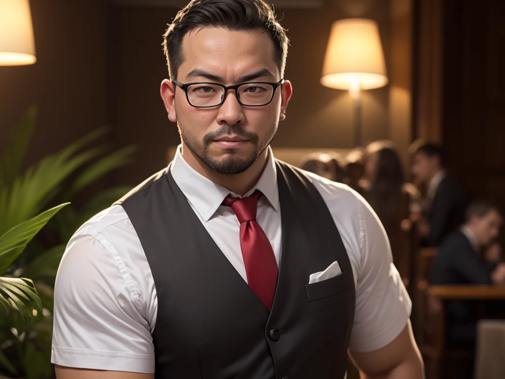 An award-winning original photo, (40 years old daddy:1.1), 1boy, Solo, round face, beefy body, (big shoulders), big pecs, big pectorals, stubbles, Short beard, Beautiful eyes:1.3, (Detailed face:1.3), wearing glasses, Dynamic Angle, volumetric lighting, (Best quality, A high resolution, Photorealistic), Cinematic lighting, Masterpiece, RAW photo, stock photo, Intricate details, hdr, depth of field, masterpiece, best quality, looking at viewer, man wearing red tie and white shirt and black vest and black gloves, butler, george pei